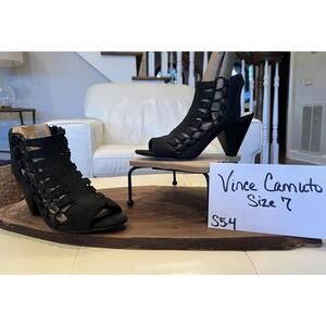 Vince Camuto Lace Up Heels Size 7 Black Caged Sandals Open Toe Booties